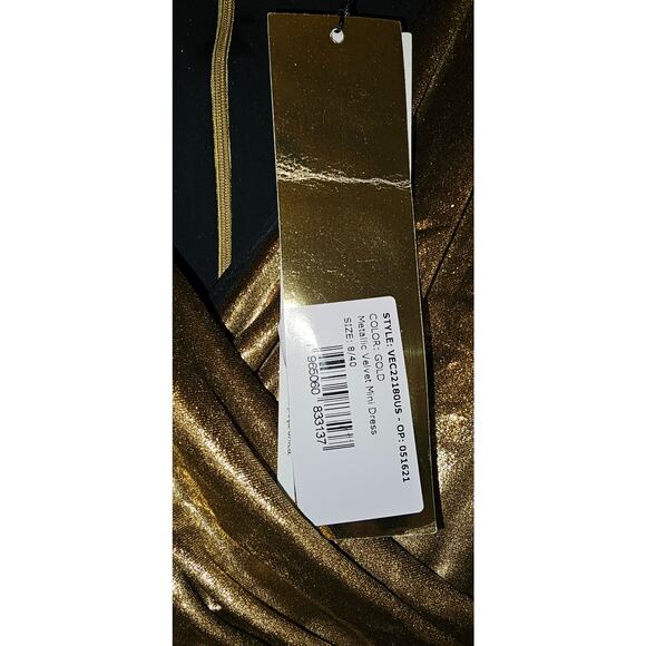 New Free People PatBO Metallic Velvet Mini Dress $650 Sz 8 Gold Wrap Inspired - Picture 8 of 9